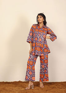 Haute demande à la mode 100% coton co-ord ensemble Orange multicolore imprimé fleuri surdimensionné longue chemise jambes larges boutons naturels - Product Image 4