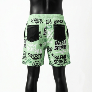 Shorts de baño de poliéster de secado rápido de alta calidad, 140 GSM, color verde azulado con franjas laterales negras y logotipo de diamantes de imitación, ropa de playa para hombre. - Product Image 6