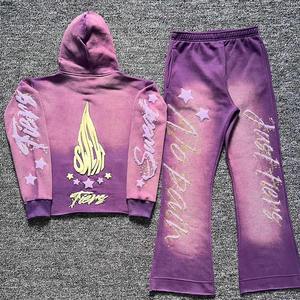 Conjunto personalizado de pantalones de chándal acampanados con lavado ácido y Sudadera con capucha, conjuntos de chándal estampados de gran tamaño de algodón, chándal Vintage Unisex con capucha para hombre - Product Image 2