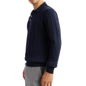 <b>Navy</b> <b>Blue</b> Cable Knit Long Sleeve <b>Polo</b> <b>Shirt</b> Men Custom High Quality Heavyweight Textured Old Money Style Casual Tops - Product Image 3