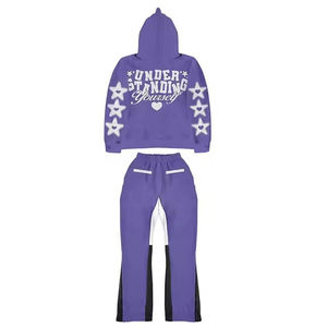 Venta al por mayor Streetwear Zip-Up Baggy Heavyweight Cotton Flared Acid Wash Custom Rhinestone Hombres Chándal Pantalones de chándal y Sudadera con capucha - Product Image 2