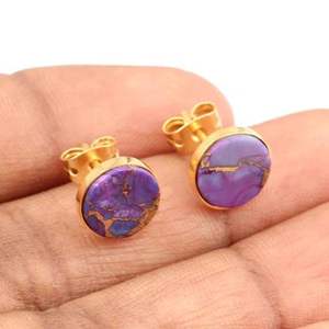 Superventas 10mm Mohave púrpura cobre turquesa piedra preciosa bisel 18K chapado en oro delicada plata esterlina fina Stud pendientes mujeres - Product Image 2