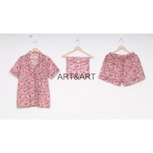 Pyjama court d'été pour femmes ensemble main bloc imprimé coton vêtements de nuit doux avec caractéristique thermique fait à la main pour les femmes - Product Image 1