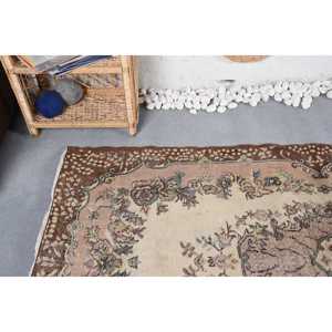 Vintage Rug, 3,9x7,2 ft Area Rug, <b>Brown</b> Beige <b>Wool</b> Rug - Product Image 5