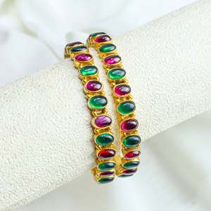 Aasma 925 Silver Bangles with <b>Ruby</b> & Emerald Kempu Stone Gold Plated Single Piece Fashion Bangle - Product Image 5