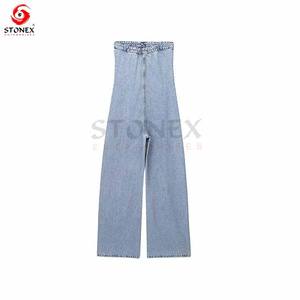 Haute Qualité Denim Bouton Up Combinaison Vintage Bleu Jean Large Jambe Cloche Bas Femmes Barboteuses - Product Image 2