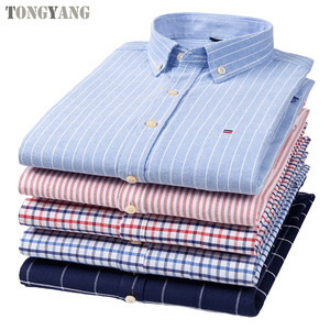 TONGYANG Oxford Men Fashion 100% Cotton Thin Long Sleeve Casual Slim Solid Color <b>Plaid</b> Print Stripe Formal Dress <b>Shirt</b> Plus Size - Product Image 4