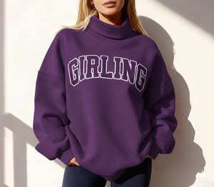 Women's Green Oversized Turtleneck Girling Graphic Sweatshirt <b>Drop</b> Shoulder Long Sleeve Casual Fleece Pullover Loose Fit Soft - Product Image 3