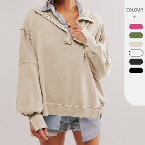 Sudaderas con capucha con diseño de abertura para mujer French Terry personalizadas, camisas con cuello vuelto y botones, color liso, manga larga - Product Image 1