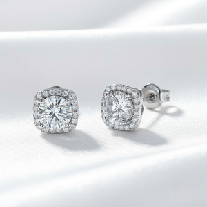 2.20 TCW VVS Moissanite <b>Halo</b> Design Stud <b>Earring</b> Vintage Design 925 Sterling Silver Square Shape Trendy Women's Anniversary Gift - Product Image 1