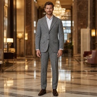 Costume homme gris à chevrons, simple boutonnage, revers large, poches à rabat, boutons en corne, costumes d'affaires pour homme, sur mesure MTM