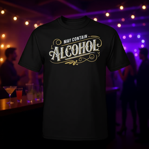 T-shirt classica con umorismo per feste con stampa 'Potrebbe contenere alcol' per promozioni - Product Image 3