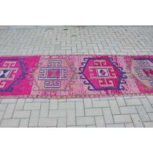 Tapis Turc Vintage Authentique 3 X 11.2ft Boho Jacquard Technique Patchwork Abstrait Rose Bleu Laine Latex pour Couloir Chambre Décor - Product Image 3