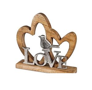 Cadre décoratif en bois en forme de cœur avec un oiseau en métal et un design de mot d'amour, décoration de table romantique artisanale pour console moderne - Product Image 1