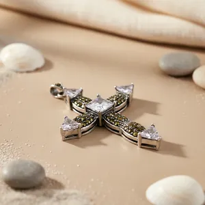 925 <b>Silver</b> <b>Cross</b> Pendant with Princess Cut Zircon Stones Bezel Set Religious Charm Women's Jewelry - Product Image 2