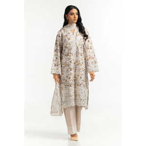 Traje de Encaje Estampado Beige de 3 Piezas con Botón Bordado y Decoración Plizada, Estilo Casual - Product Image 3