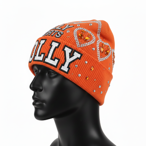 Gorro de punto acrílico elástico suave de primera calidad para hombre, color naranja, con logotipo personalizado de diamantes de imitación, gorro de invierno cálido de jacquard - Product Image 4