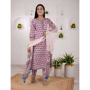 Conjunto de Kurta y Pantalón de Algodón con Estampado de Bloques Rosa, Estilo de Ropa Americana - Product Image 4