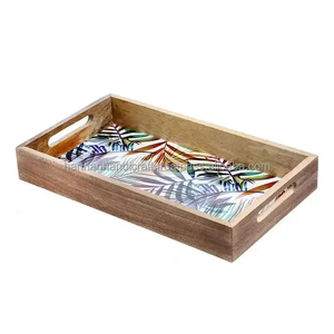 Decorative Wooden Serving Tray Set With Floral Leaf <b>Prints</b> Round Rectangle Clover Shaped Trays For Tea Snacks And Home Decor - Product Image 2