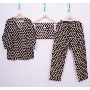 100% conjunto de Pijama estampado de bloque de mano de algodón Sexy tejido Digital con cuello en V Loungewear para mujeres por encima de la rodilla de talla grande - Product Image 1