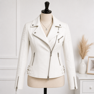 Veste de motard en cuir PU blanc à manches longues, col montant, fermeture éclair, style automne pour femmes - Product Image 3