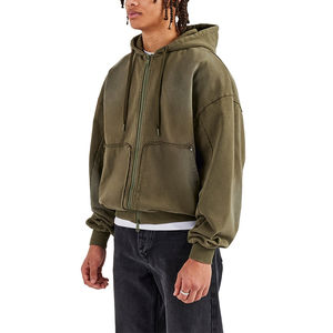 Sudadera con Capucha Extra Grande de Alta Calidad, Estilo Holgado, Desgastada, con Cierre, Lavada con Spray, Verde Lavado, con Bolsillo Tipo Canguro, Estilo Vintage para Hombre - Product Image 4