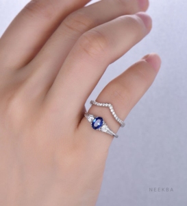 Joyería de boda de zafiro azul hecha a mano estilo Art Deco 10K oro blanco sólido corte ovalado Lab-zafiro y moissanita nupcial conjunto de 2 anillos - Product Image 5