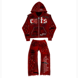 Survêtement délavé au soleil avec fermeture éclair en strass, pantalon de survêtement délavé à l'acide, streetwear d'automne, survêtement pour homme, fabrication sur mesure - Product Image 2