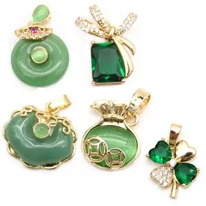 优雅不锈钢铜锆石绿色宝石吊坠项链流行镀金玉圆形项链