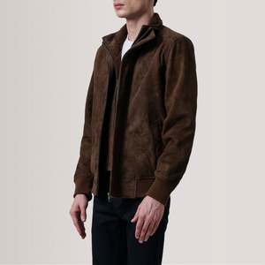 Lester Brown <b>Suede</b> Bomber <b>Jacket</b> Casual Stand Collar with Hood High Quality PU <b>Leather</b> Zippered Closure Embroidered Pattern - Product Image 4