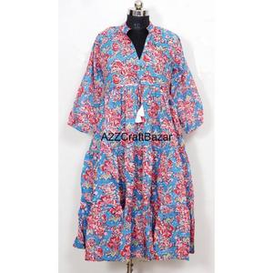 Robe moulante en coton rouge et vert à motif ethnique fait à la main, imprimé en blocs, doublée de fleurs, à manches courtes, tenue décontractée pour femme - Product Image 5