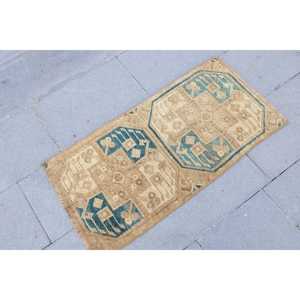 Vintage Turkish Rug, 1.5x3.1 ft Small Rug, <b>Brown</b> Blue Floral <b>Wool</b> Rug - Product Image 3