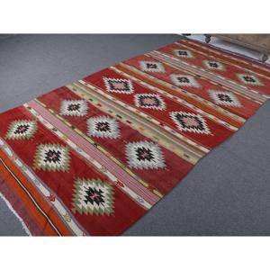 Tapis turc vintage, grand tapis de 5,4 x 11 pieds, tapis patchwork rouge et blanc - Product Image 2