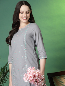 Standard Quality Pure Cotton Fabric V-neck <b>Three</b> Quarter Sleeves A-Line Silhouette Summer Grey Color Embroidery Work Kurti Sets - Product Image 3