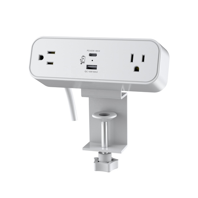 Best Selling Clamp-Mounted Surge Protector 2 Outlet With USBC PD65W Office Furniture Power Strip