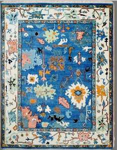 Haute Antique Oushak noué à la main 8x10 bleu moderne abstrait coton antidérapant PET amical mousse support faible Pile tapis tapis vivant - Product Image 1