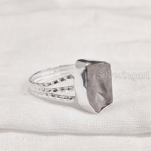 Joyería de piedra en bruto, anillo para mujer, piedra preciosa Natural cruda de cuarzo rosa, piedra natal de abril, 3 bandas dotadas, anillo de Plata de Ley 925 oriental - Product Image 5