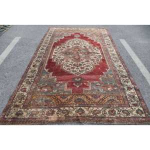 พรมขนสัตว์สีเบจสีแดงคลาสสิกขนาด5.9x10ฟุตงานปะติดสี่เหลี่ยมผืนผ้าพื้นที่ขนาดใหญ่สไตล์แอบสแตรกต์รูปห้องโถงสำหรับวัยรุ่น - Product Image 1