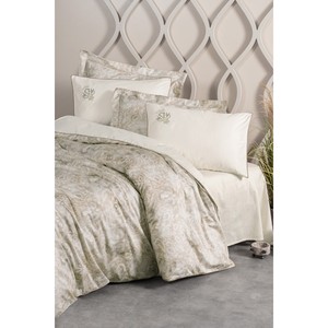 Ensemble de housse de couette double en satin de coton Elite Beatrix Beige avec motif floral, ensemble de 4 pièces pour usage domestique - Product Image 1