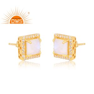 Mejor Venta de plata esterlina 18K chapado en oro Cz y Rainbow Moon Stone Gemstone Stud Earring Demi Fine Jewelry Manufacturer - Product Image 2