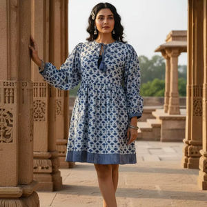 Ensemble trois pièces en imprimé à la main bleu indigo, haut court, veste et pantalon, vêtements ethniques indiens pour femmes, style bohème d'été - Product Image 1