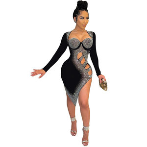 Vestido Mini Sexy de Manga Larga con Diamantes para Mujer, Vestido Ajustado con Bordado de Cuentas, Cintura Natural, Material de PU Metálico Simple - Product Image 2