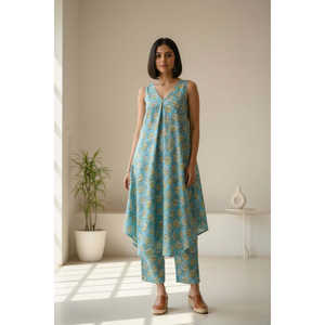 Ensemble Kurta décontracté pour femme en crêpe, col en V asymétrique, sans manches, respirant, motif Rose, idéal printemps/été - Product Image 3