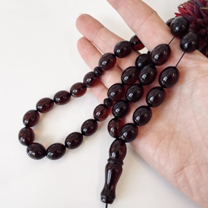 Misbaha en ambre baltique naturel, chapelet en ambre cerise, perles d'olivier - Product Image 2