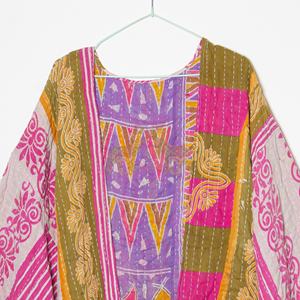 Unisex 100% Cotton Kantha <b>Kimono</b> V Neck Bathrobe Belt Hand Stitched Floral Pattern Full Length Dress for Winter - Product Image 2