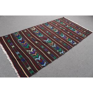Vintage Turkish Kilim Rug 4.1x8 ft (125x245 cm), <b>Brown</b> Solid <b>Wool</b> Rug - Product Image 4