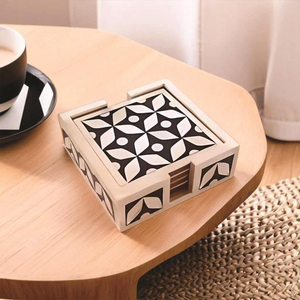 Ensemble de 4 sous-verres en bois modernes avec incrustation d'os pour le thé et le café avec logo personnalisé de haute qualité de l'Inde - Product Image 2