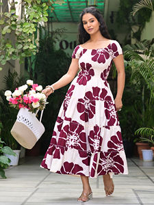 Robe mi-mollet décontractée ethnique en coton 100% tissé écologique à imprimé géométrique blanc et marron pour femmes - Product Image 5