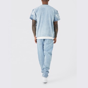 Hip Hop Streetwear Slim Fit Stacked <b>Jeans</b> for <b>Men</b> Dark Wash Destroyed Straight Denim Pants Lightweight Black Ripped Style - Product Image 3