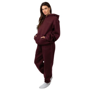 Survêtement pour femme en molleton 100% coton lourd, marron, décontracté d'automne, antibactérien, design 2 en 1, fermeture à cordon de serrage à capuche - Product Image 1